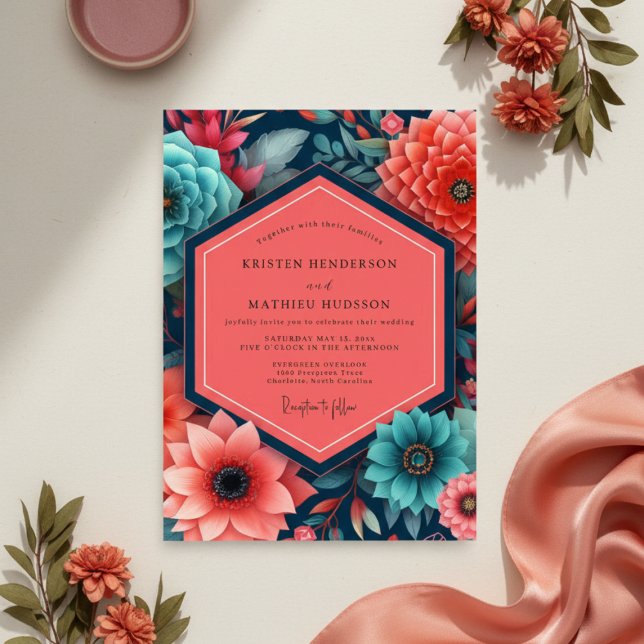 Invitation Mariage Opulence Florale Sarcelle (Créateur téléchargé)