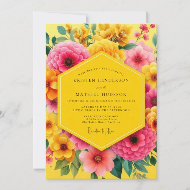 Invitation Mariage Opulent à Fleurs Jaunes (Devant)
