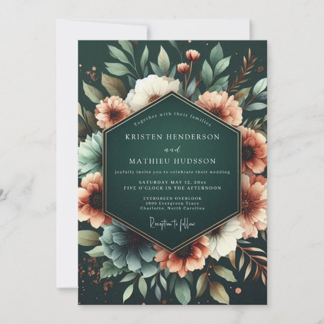 Invitation Mariage Opulent à la Fleur d'Émeraude Profonde (Devant)