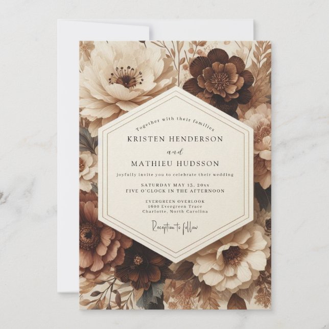 Invitation Mariage Opulent à Motif Floral Brun (Devant)