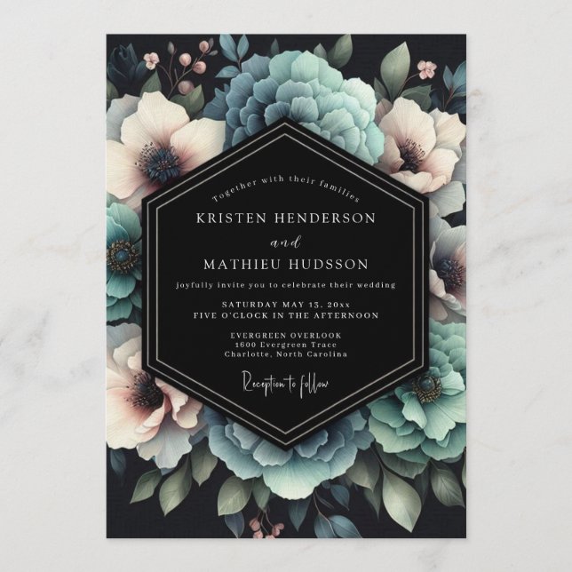 Invitation Mariage opulent Anémone sarcelle (Devant)