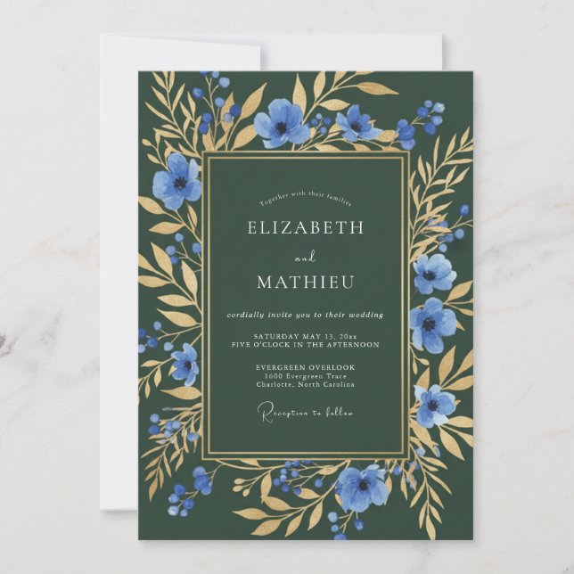 Invitation Mariage Opulent Anémone Vert Forêt (Devant)