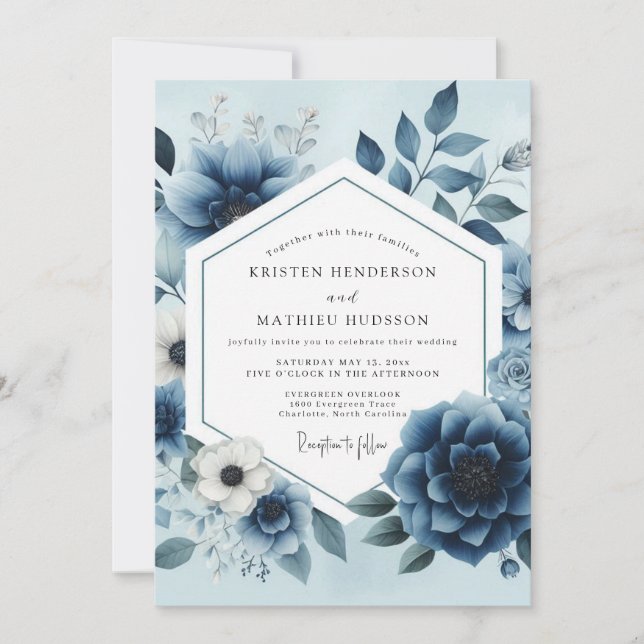 Invitation Mariage Opulent aux Fleurs Bleu Poussiéreux (Devant)