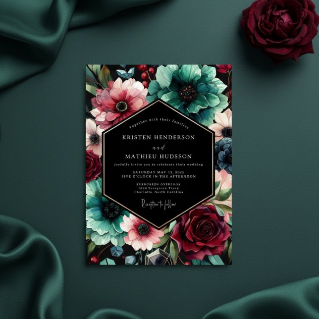 Invitation Mariage Opulent aux Fleurs de Teinte Turquoise (Créateur téléchargé)
