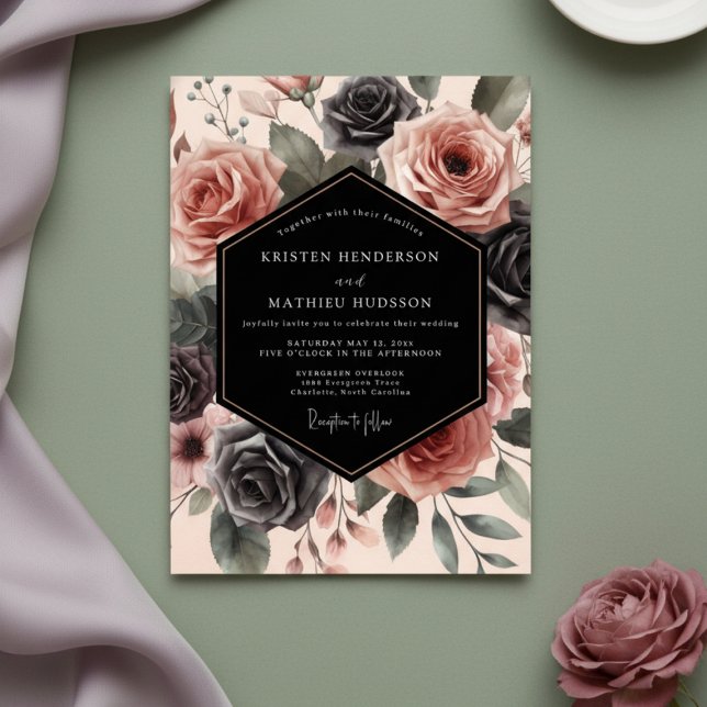 Invitation Mariage Opulent aux Fleurs Rose Poussiéreux (Créateur téléchargé)