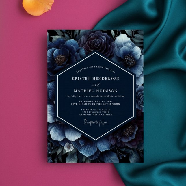 Invitation Mariage Opulent Fleur Bleu Profond (Créateur téléchargé)