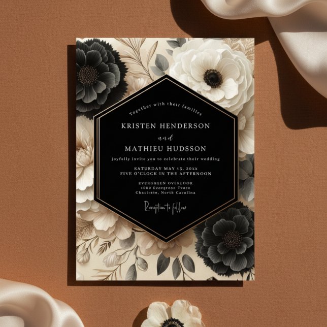 Invitation Mariage Opulent Fleur Noir Crème (Créateur téléchargé)