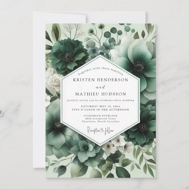 Invitation Mariage Opulent Fleurs Vert Profond (Devant)