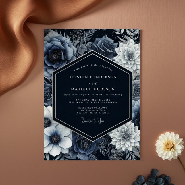 Invitation Mariage Opulent Floral Bleu Ardoise (Créateur téléchargé)