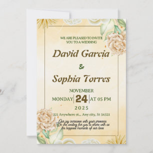 Invitation Mariage or avec aquarelle crème fleurs blanches