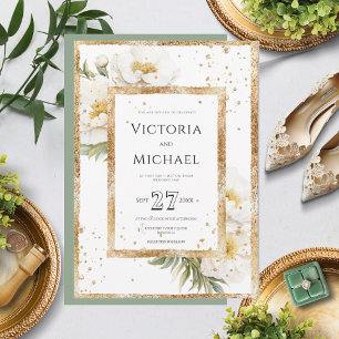 Invitation Mariage or blanc floral élégant