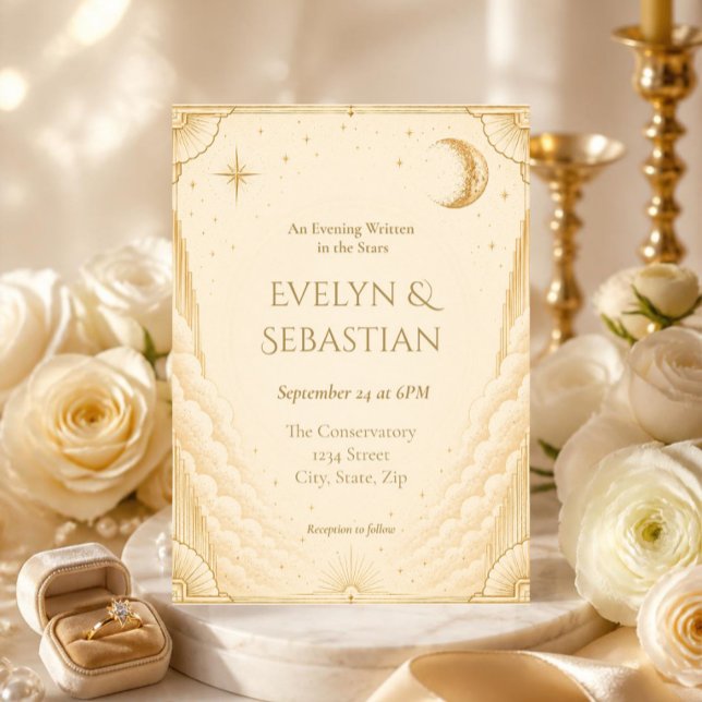 Invitation Mariage Or Céleste Écrit dans les Étoiles (Elegant cream and gold celestial wedding invitation with moon, stars, Art Deco border.)