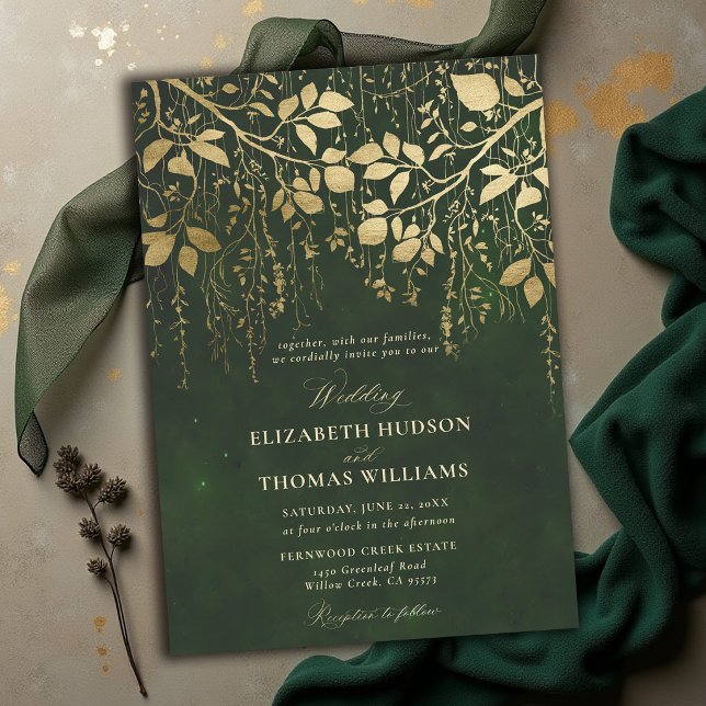Invitation Mariage Or de Feuillage de Chasse Vert Forêt Encha (enchanted forest wedding invitations hunter green gold foliage elegant modern classic)