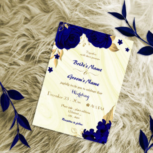 Invitation mariage or de fleurs bleu royal
