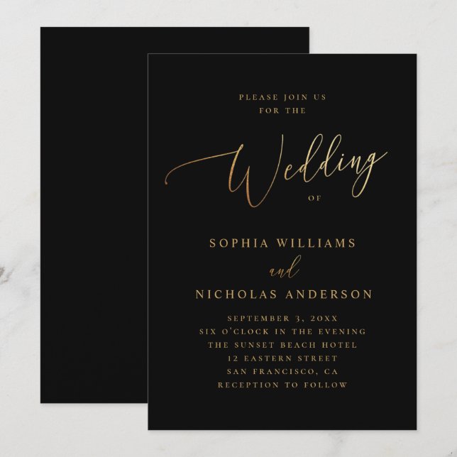 Invitation Mariage or et noir | Élégant script classique (Devant / Derrière)