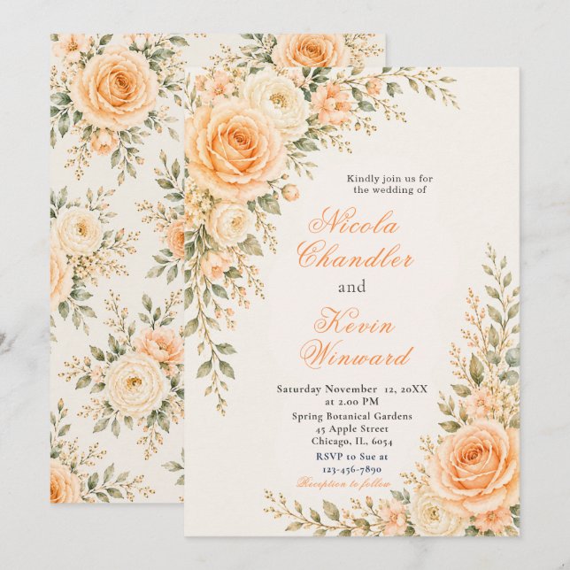 Invitation Mariage Or et Pêche au Champagne (Devant / Derrière)