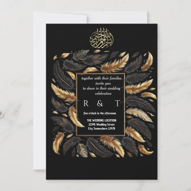 Invitation mariage or et plumes noires (Devant)