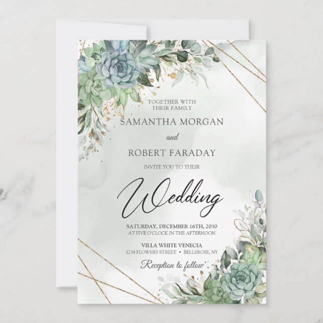 Invitation Mariage or eucalyptus succulent tendance verdure (Devant)