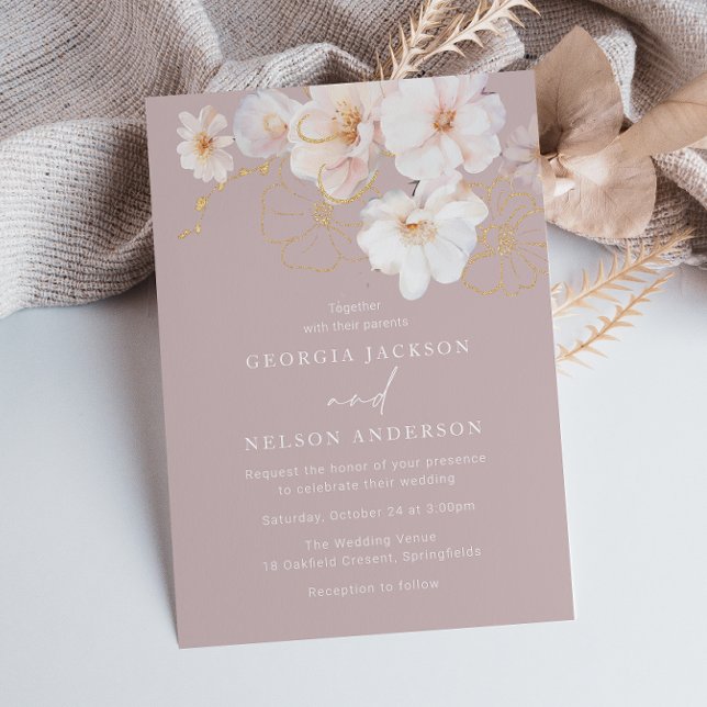 Invitation Mariage or Fleur sauvage Blush de luxe (Créateur téléchargé)