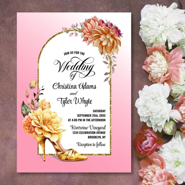 Invitation Mariage or floral haut talon rose arc (Créateur téléchargé)