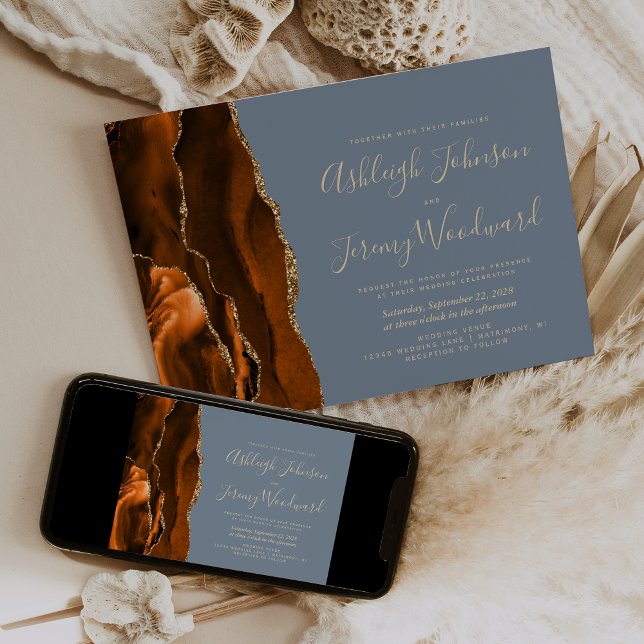Invitation Mariage Or Gris Agate Bleu Poussiéreux (Créateur téléchargé)