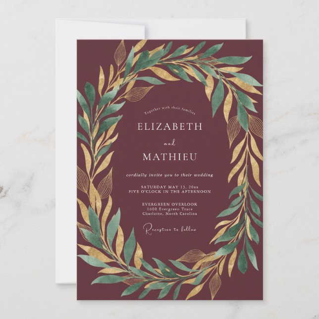 Invitation Mariage Or Laurier Eucalyptus Bordeaux (Devant)