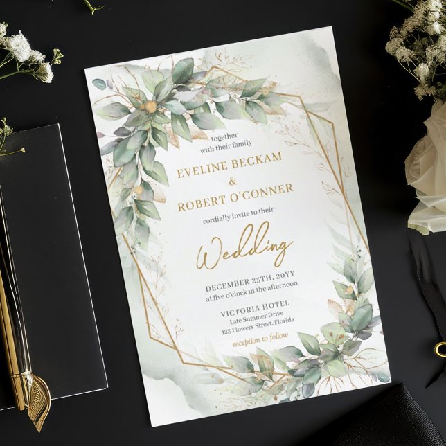 Invitation Mariage or luxueux eucalyptus vert aquarelle et or (Modern botanical greenery leaf gold frame wedding invitation digital)