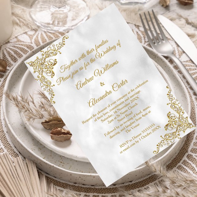 Invitation mariage or marbre blanc perle argent (Créateur téléchargé)
