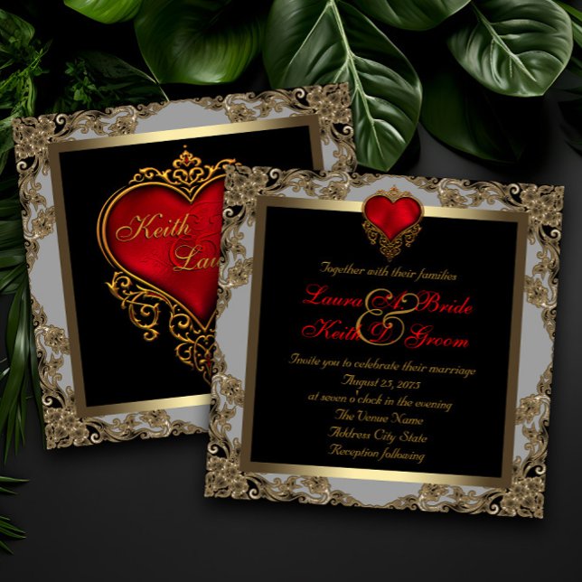 Invitation Mariage Or Noir et Cœur Rouge (Elegant red, black gold heart invitations.)