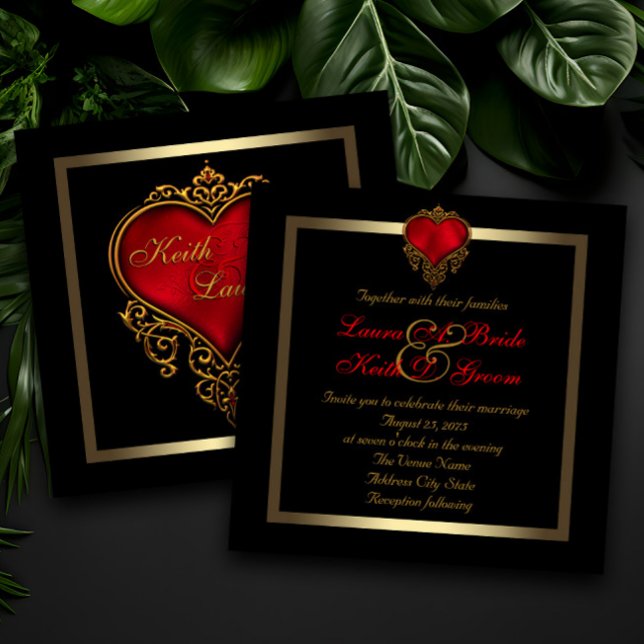 Invitation Mariage Or Noir et Cœur Rouge (Dramatic elegant red, black and gold wedding invitation with beautiful red and gold heart.)