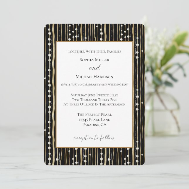 Invitation Mariage Or Noir Perles Blanches (Debout devant)