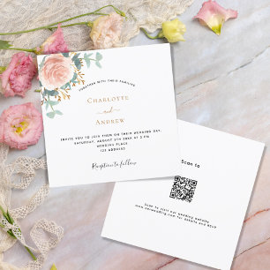 Invitation mariage or rose fleurie verdure QR RSVP détails