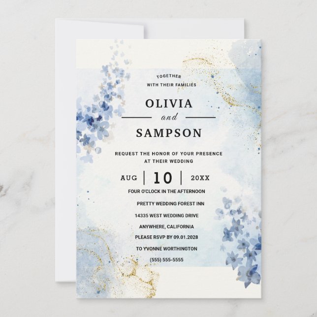 Invitation Mariage Or Rose Pâle Bourgogne Bleu (Devant)