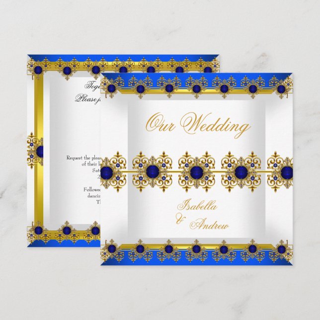 Invitation Mariage Or Royal Bleu Gemme Blanc (Devant / Derrière)