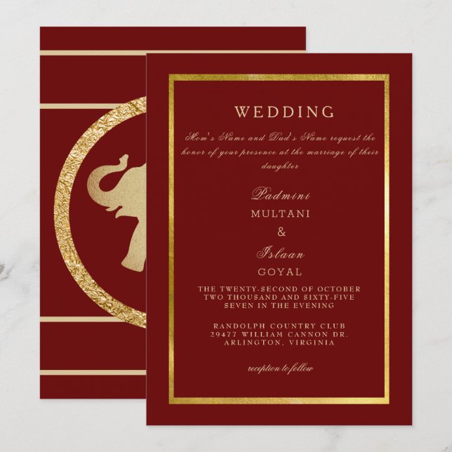 Invitation Mariage Or Royale Rouge Profond  (Devant / Derrière)