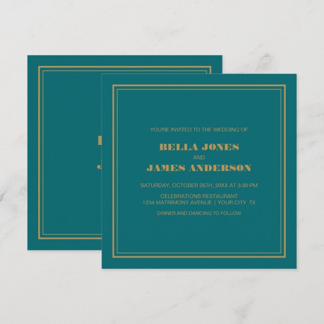 Invitation Mariage or Turquoise moderne (Devant / Derrière)