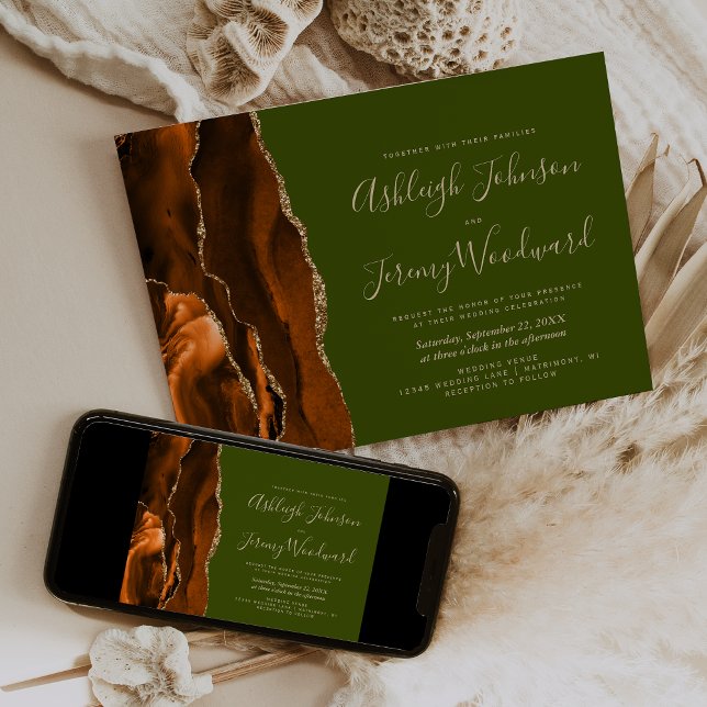 Invitation Mariage Or Vert Olive Agate Or Doré Brûlé (Créateur téléchargé)