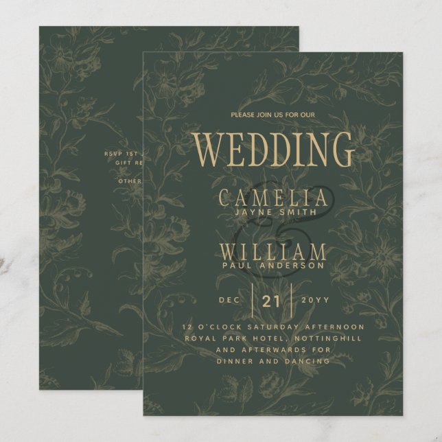 Invitation Mariage or vert OLIVE BOTANIQUE moderne (Devant / Derrière)
