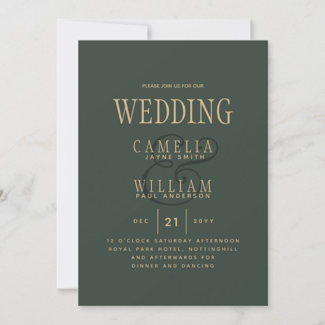 Invitation Mariage or vert OLIVE moderne tendance (Devant)