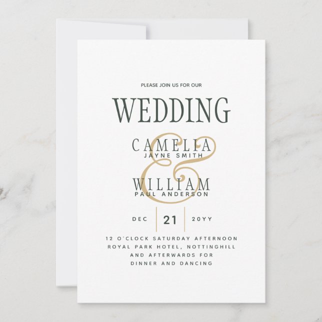 Invitation Mariage or vert OLIVE moderne tendance (Devant)