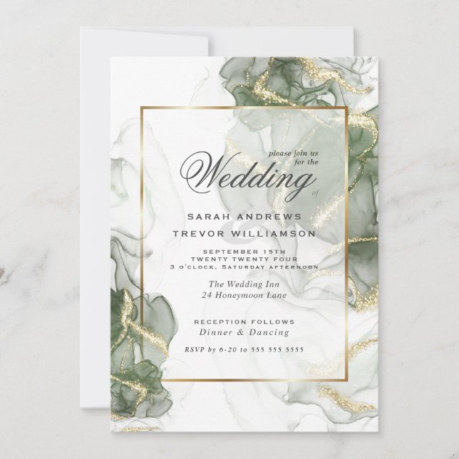 Invitation Mariage Or Vert Sauge Encre C (Devant)