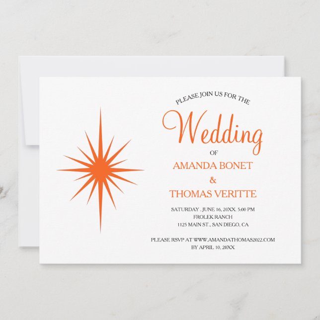 Invitation Mariage Orange Atomic Starburst Mid Century (Devant)