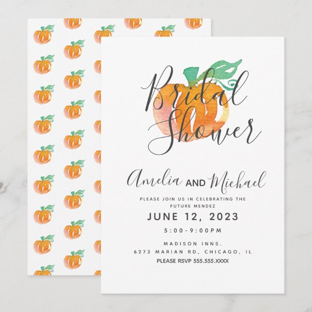 Invitation Mariage Orange Citrouille Aquarelle Main (Devant / Derrière)