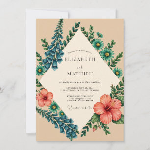 Invitation Mariage Orange Cyan Hibiscus Eucalyptus