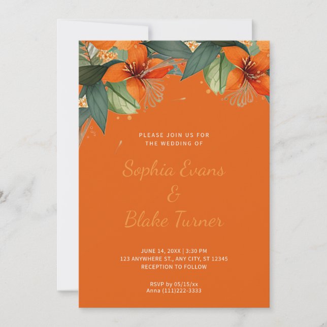 Invitation Mariage orange et vert tropical orange (Devant)
