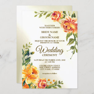 Invitation Mariage Orange Jaune Rouge Floral Vert Moderne