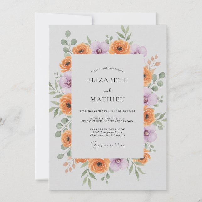Invitation Mariage Orange Lilac Ranunculus Eucalyptus (Devant)