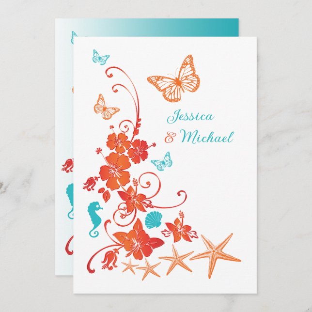Invitation Mariage Orange, Turquoise, Destination Blanche (Devant / Derrière)