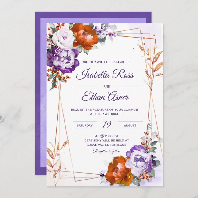 Invitation Mariage orange violet brûlé (Devant / Derrière)