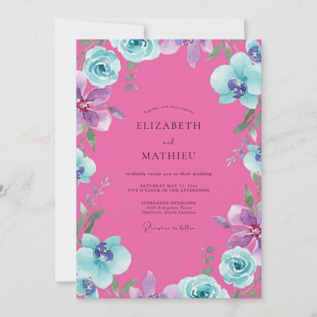 Invitation Mariage Orchidée Aqua Magenta (Devant)